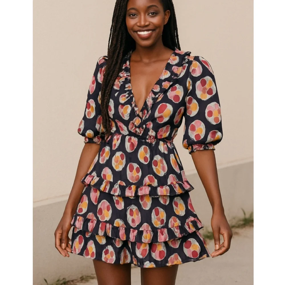 Talulah Anthro Bisous Ruffle Printed Mini Dress Purple Multicolor XS